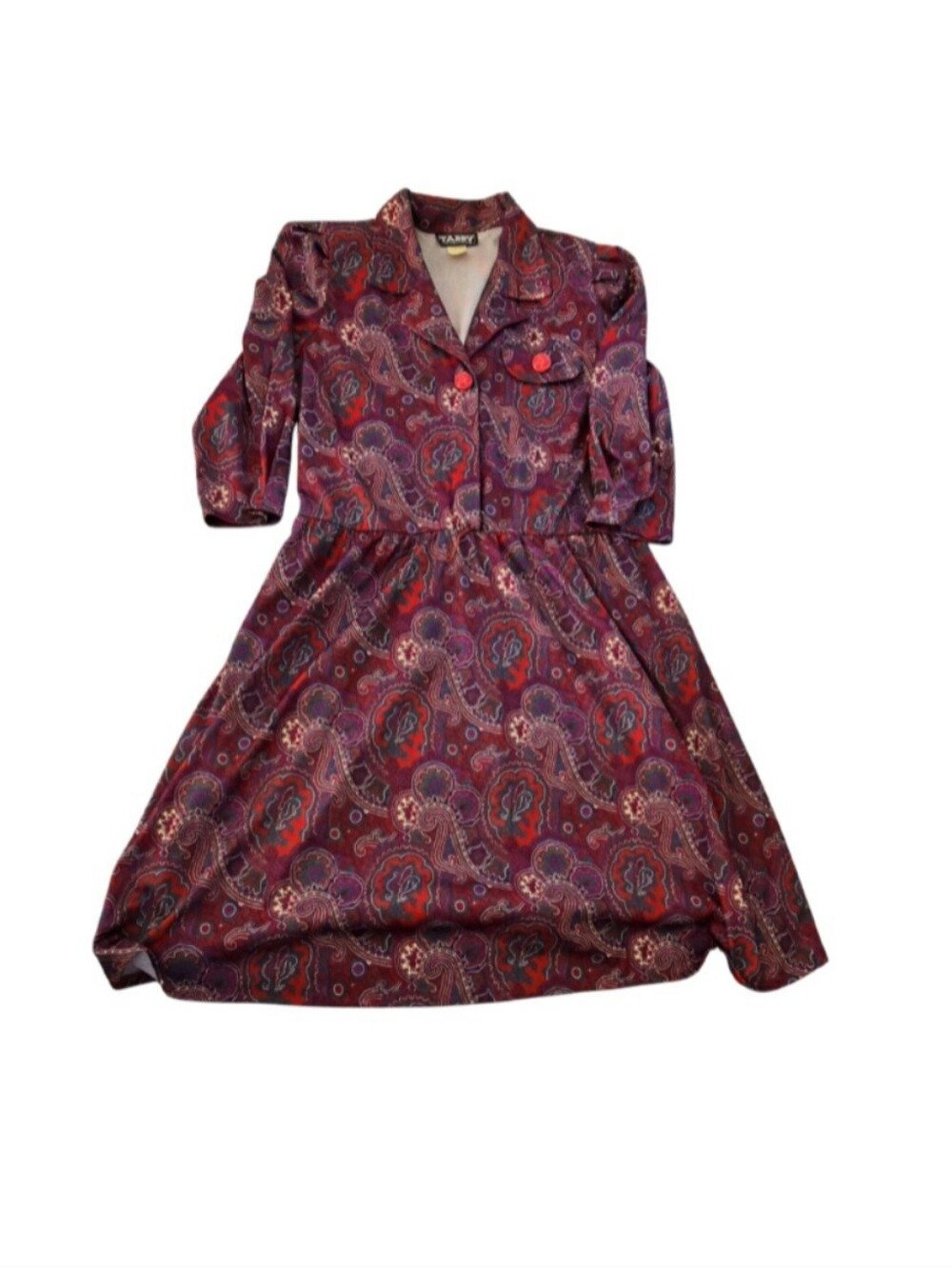 Vintage 70s Tabby of California Dress Size 12 Paisley Shirtdress Shoulder Pads